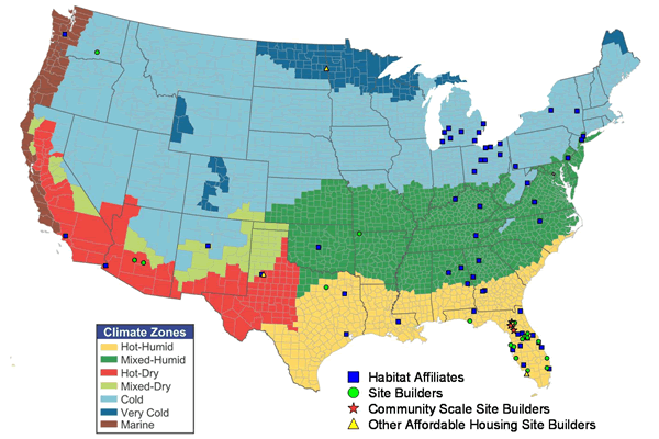 Map of the united states with climate zones highlighted as well as project site markers.